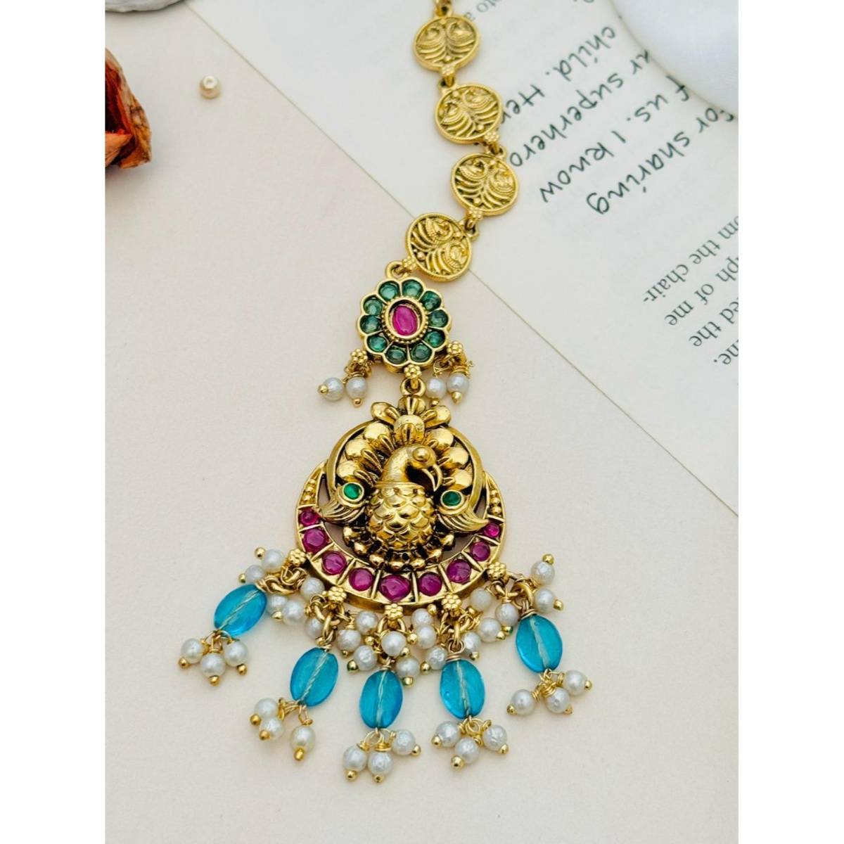 Abdesigns Multi-Color Kemp Stone Studded and Beaded Temple Maang Tikka