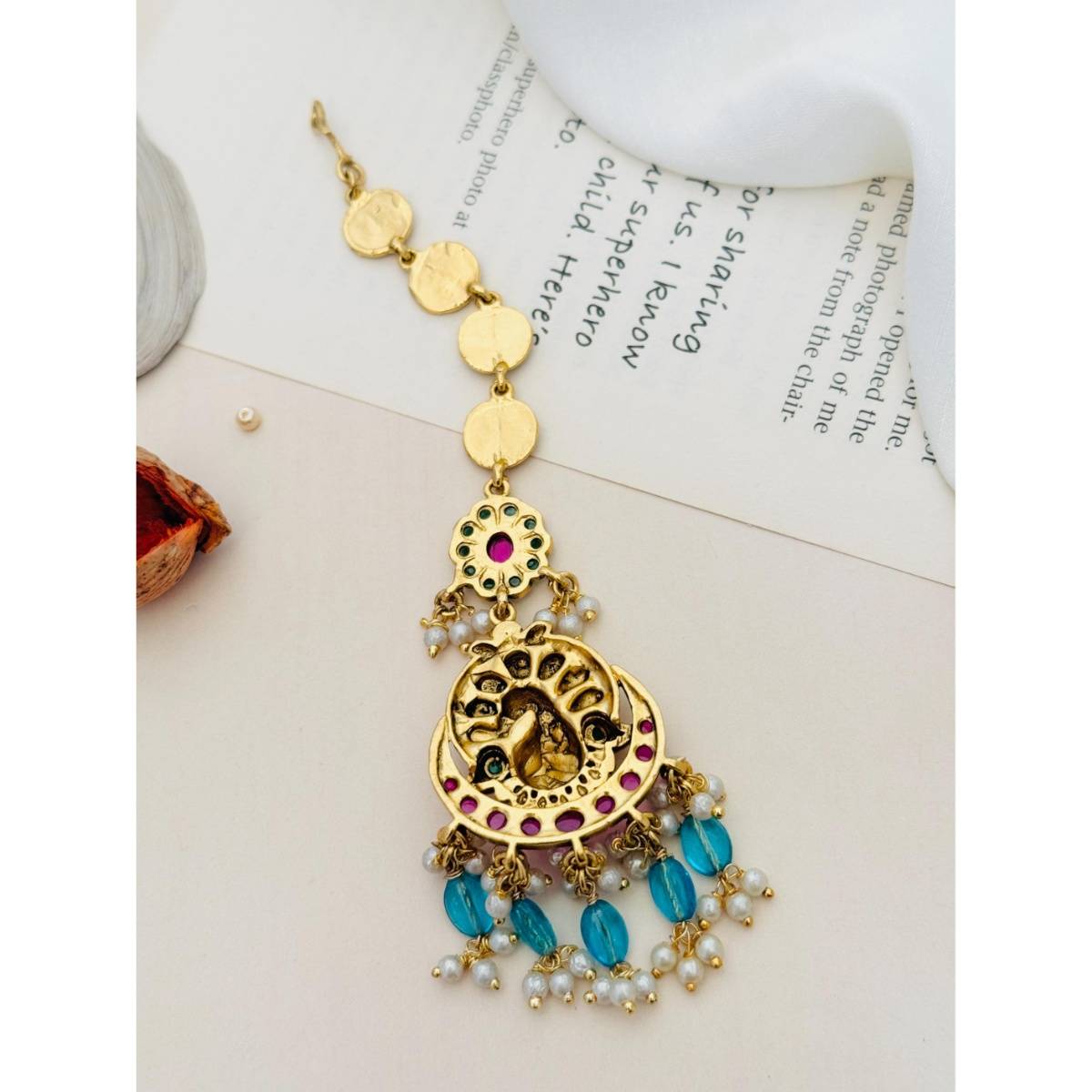 Abdesigns Multi-Color Kemp Stone Studded and Beaded Temple Maang Tikka
