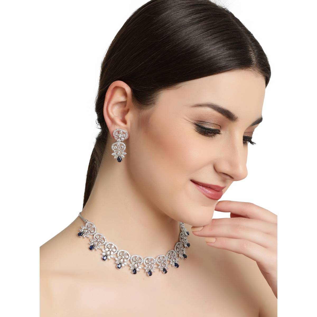 Aatmana Silver Plated Crystal Studded Blue American Diamond Handcrafted Necklace Set