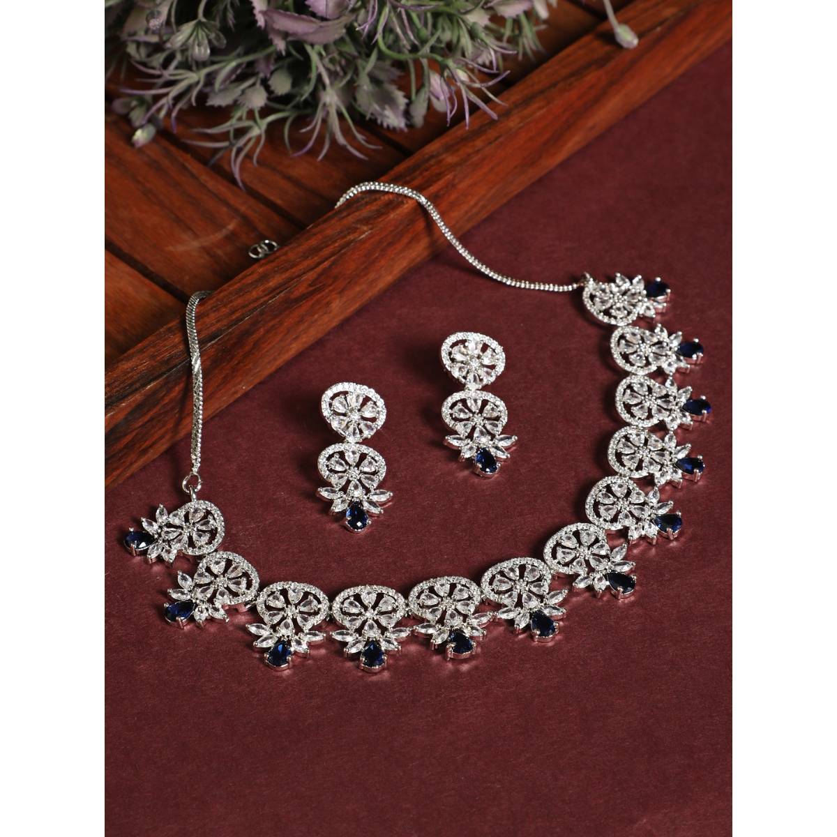 Aatmana Silver Plated Crystal Studded Blue American Diamond Handcrafted Necklace Set