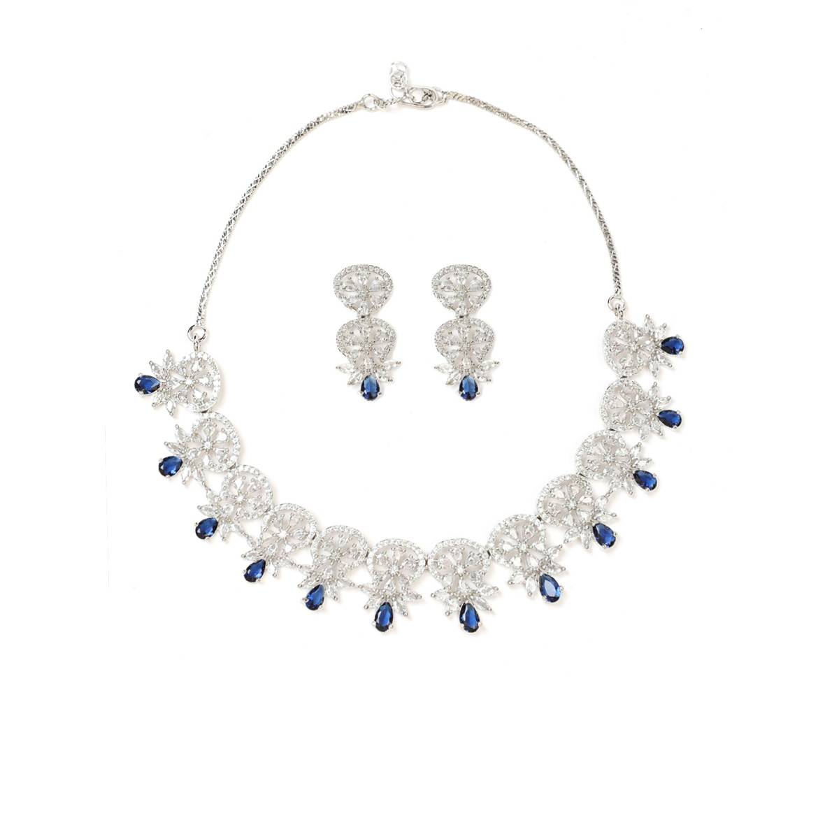 Aatmana Silver Plated Crystal Studded Blue American Diamond Handcrafted Necklace Set