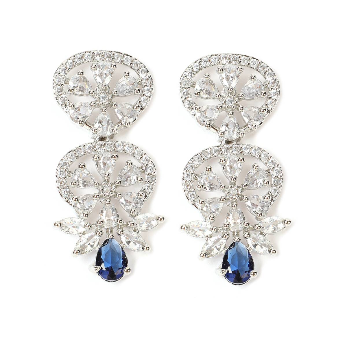 Aatmana Silver Plated Crystal Studded Blue American Diamond Handcrafted Necklace Set