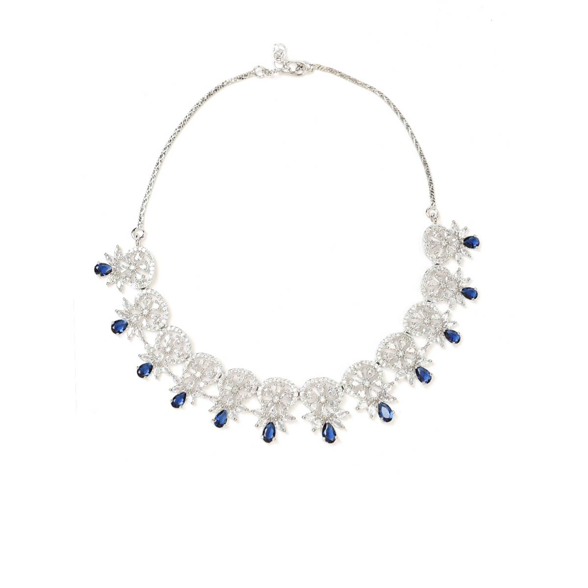 Aatmana Silver Plated Crystal Studded Blue American Diamond Handcrafted Necklace Set