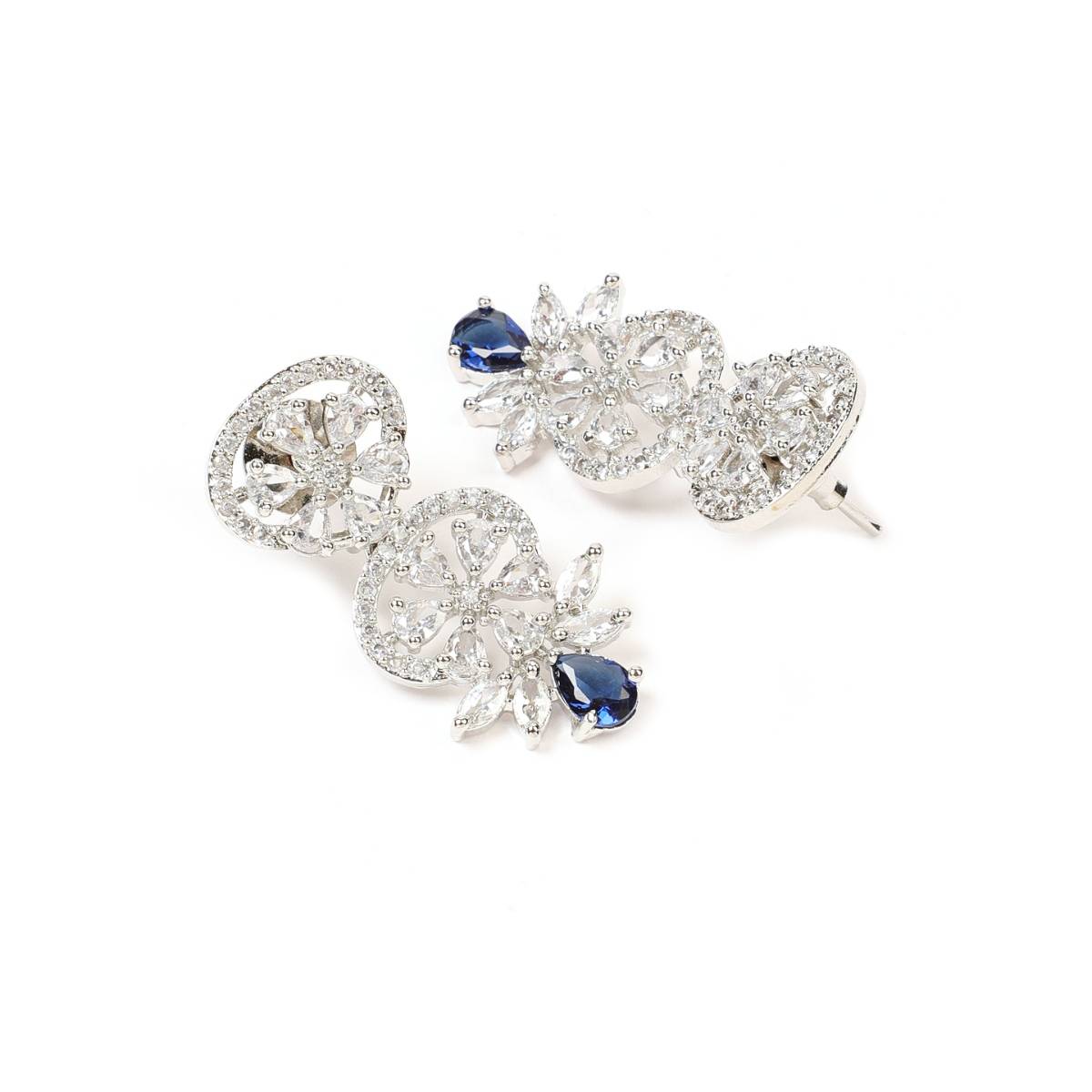 Aatmana Silver Plated Crystal Studded Blue American Diamond Handcrafted Necklace Set