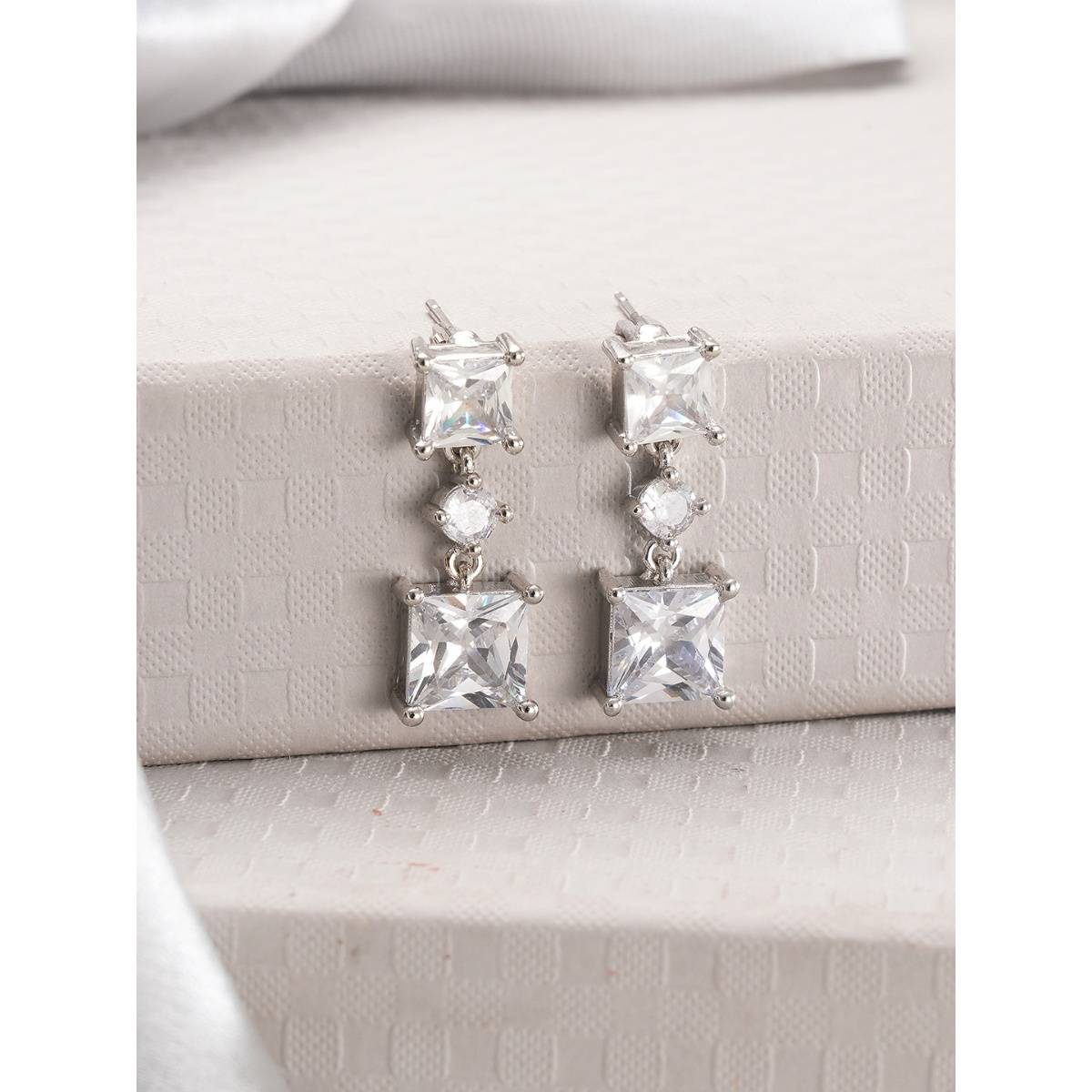 Aatmana Silver-Toned and White Crystal Studed Square Shape Drop Earrings
