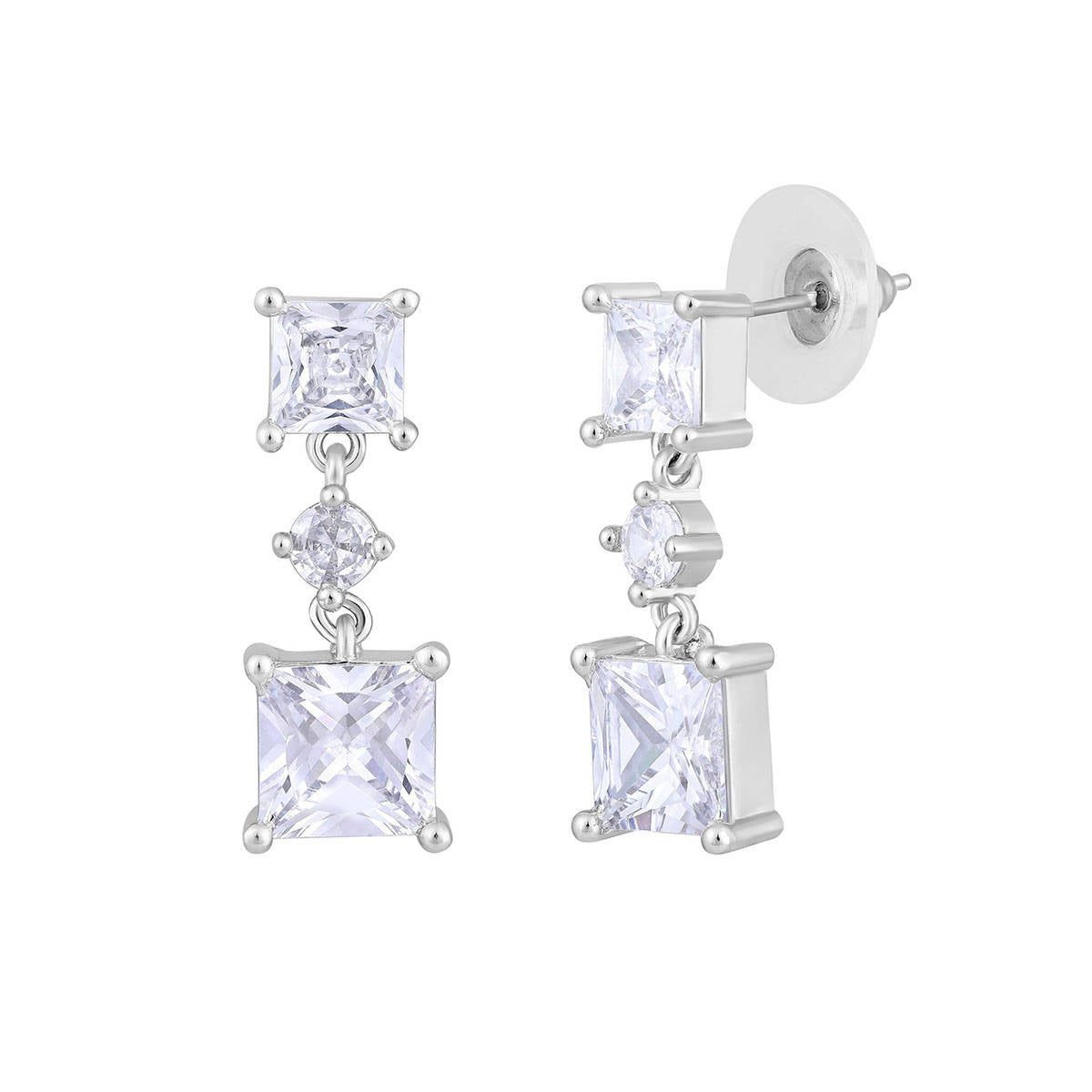 Aatmana Silver-Toned and White Crystal Studed Square Shape Drop Earrings