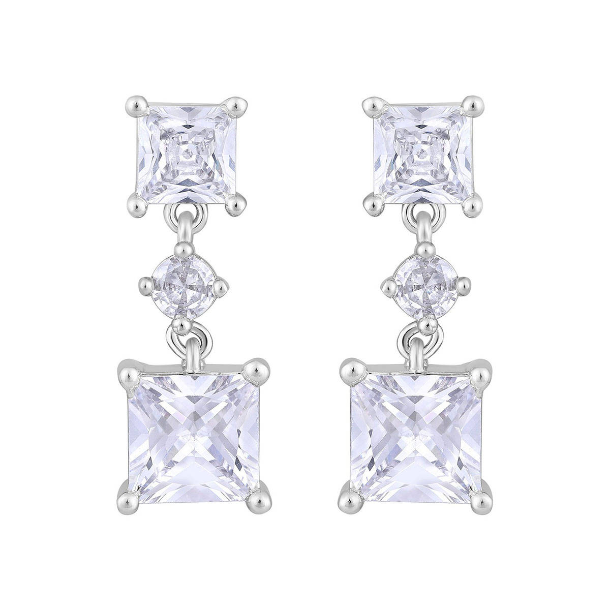 Aatmana Silver-Toned and White Crystal Studed Square Shape Drop Earrings