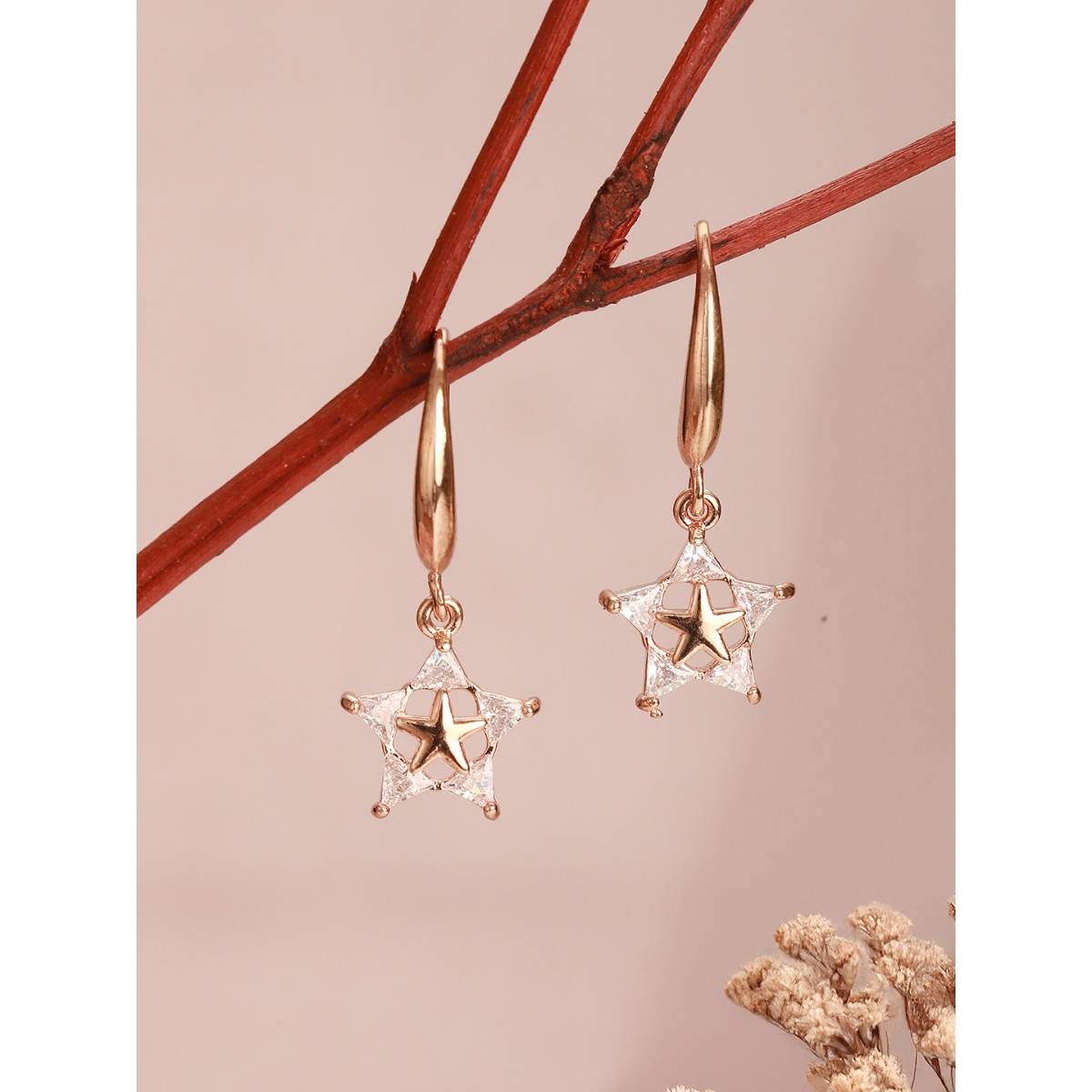 Aatmana Rhodium Plated White Crystal Studed Star Shaped Drop Earrings · One Size