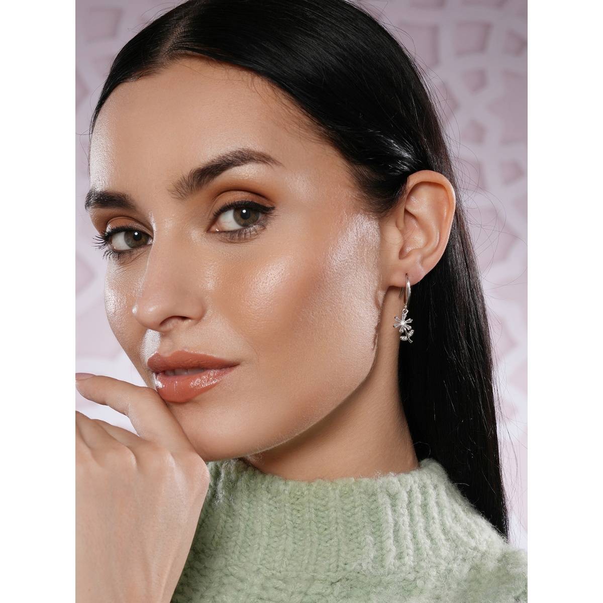 Aatmana Silver-Toned Rhodium-Plated Cz Studded Floral Drop Earrings