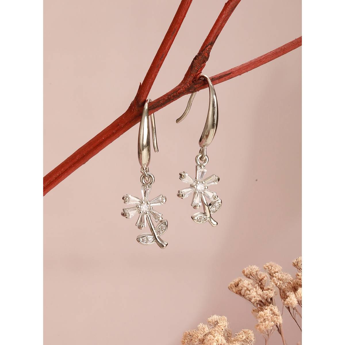 Aatmana Silver-Toned Rhodium-Plated Cz Studded Floral Drop Earrings