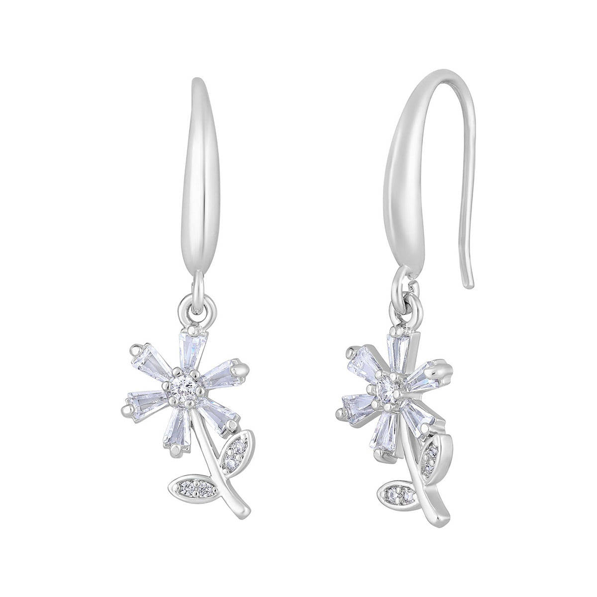 Aatmana Silver-Toned Rhodium-Plated Cz Studded Floral Drop Earrings