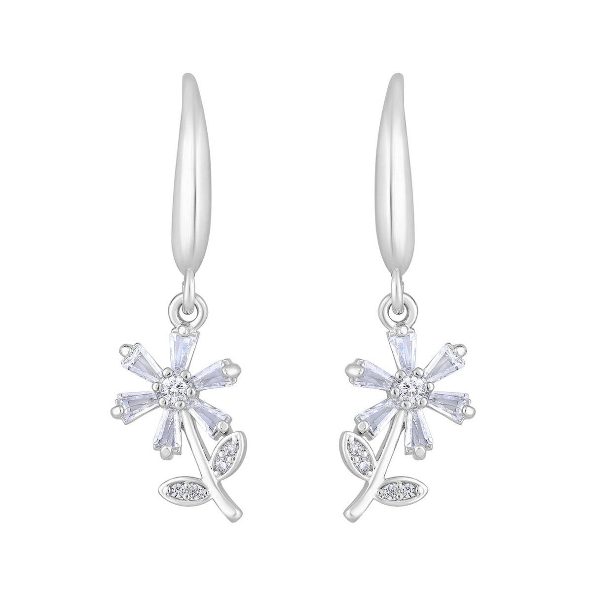 Aatmana Silver-Toned Rhodium-Plated Cz Studded Floral Drop Earrings