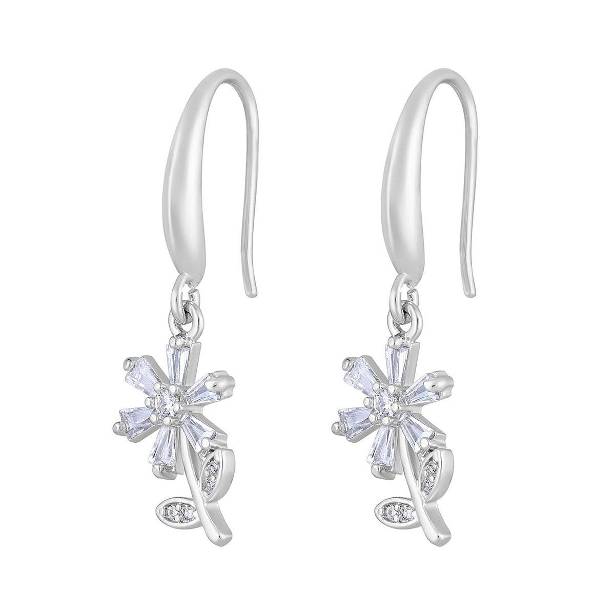 Aatmana Silver-Toned Rhodium-Plated Cz Studded Floral Drop Earrings