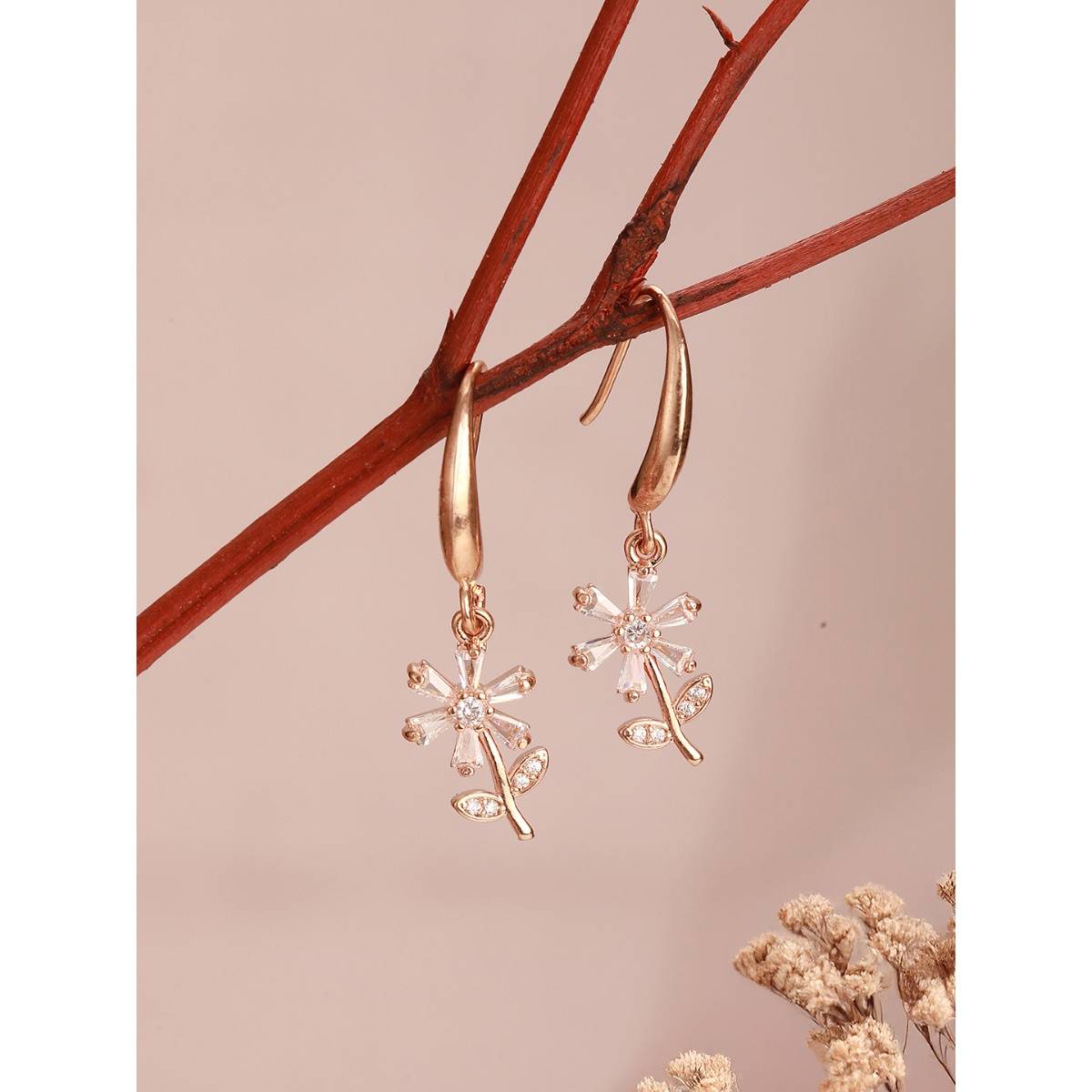 Aatmana Rose Gold-Plated Cz Studded Floral Drop Earrings · One Size