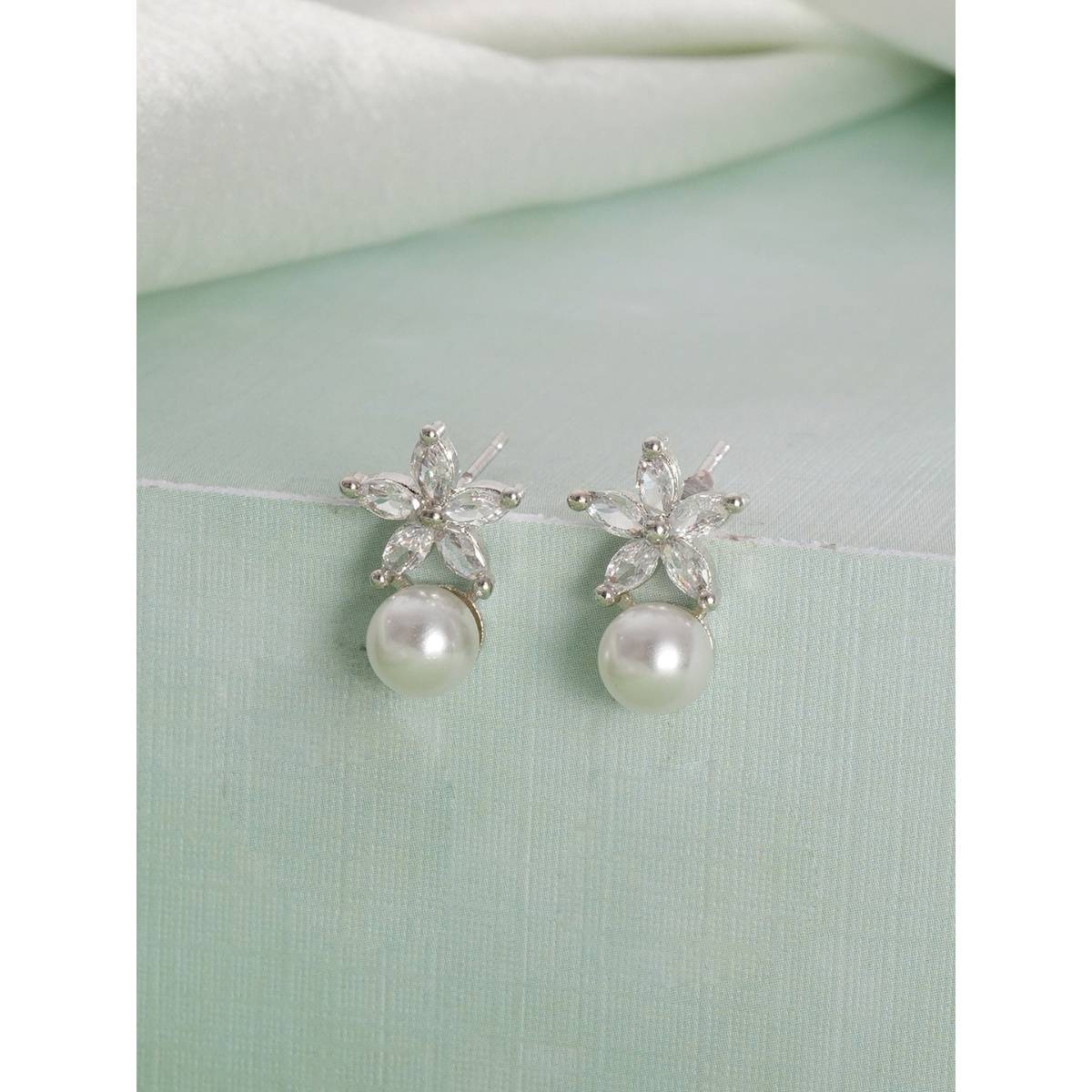 Aatmana Silver-Plated Pearl Studded Floral Stud Earrings