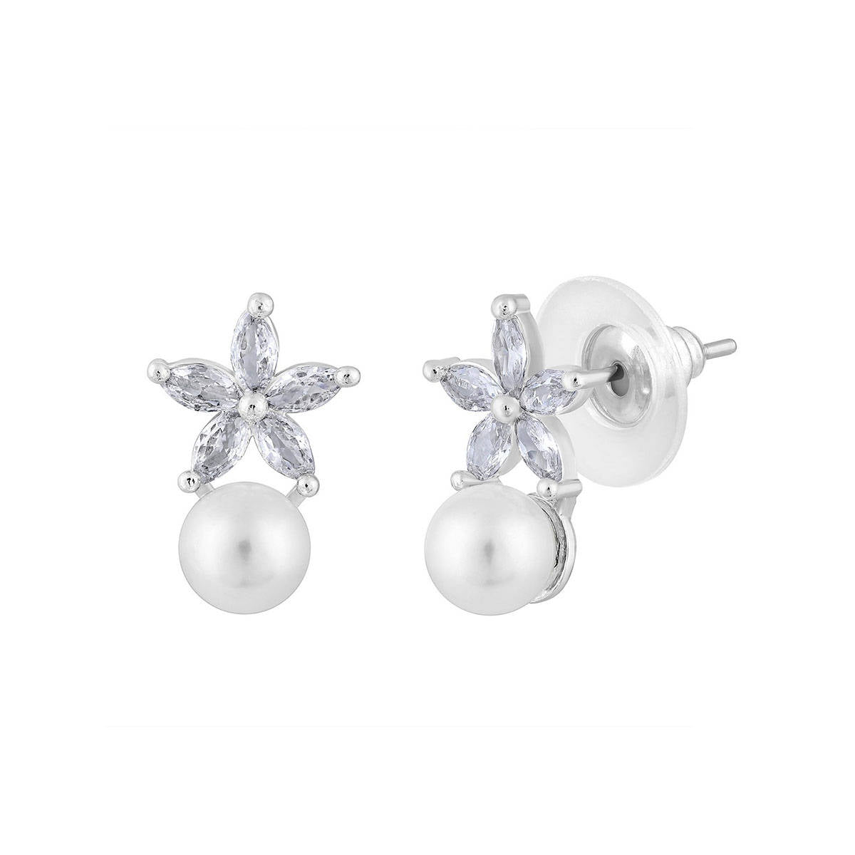 Aatmana Silver-Plated Pearl Studded Floral Stud Earrings