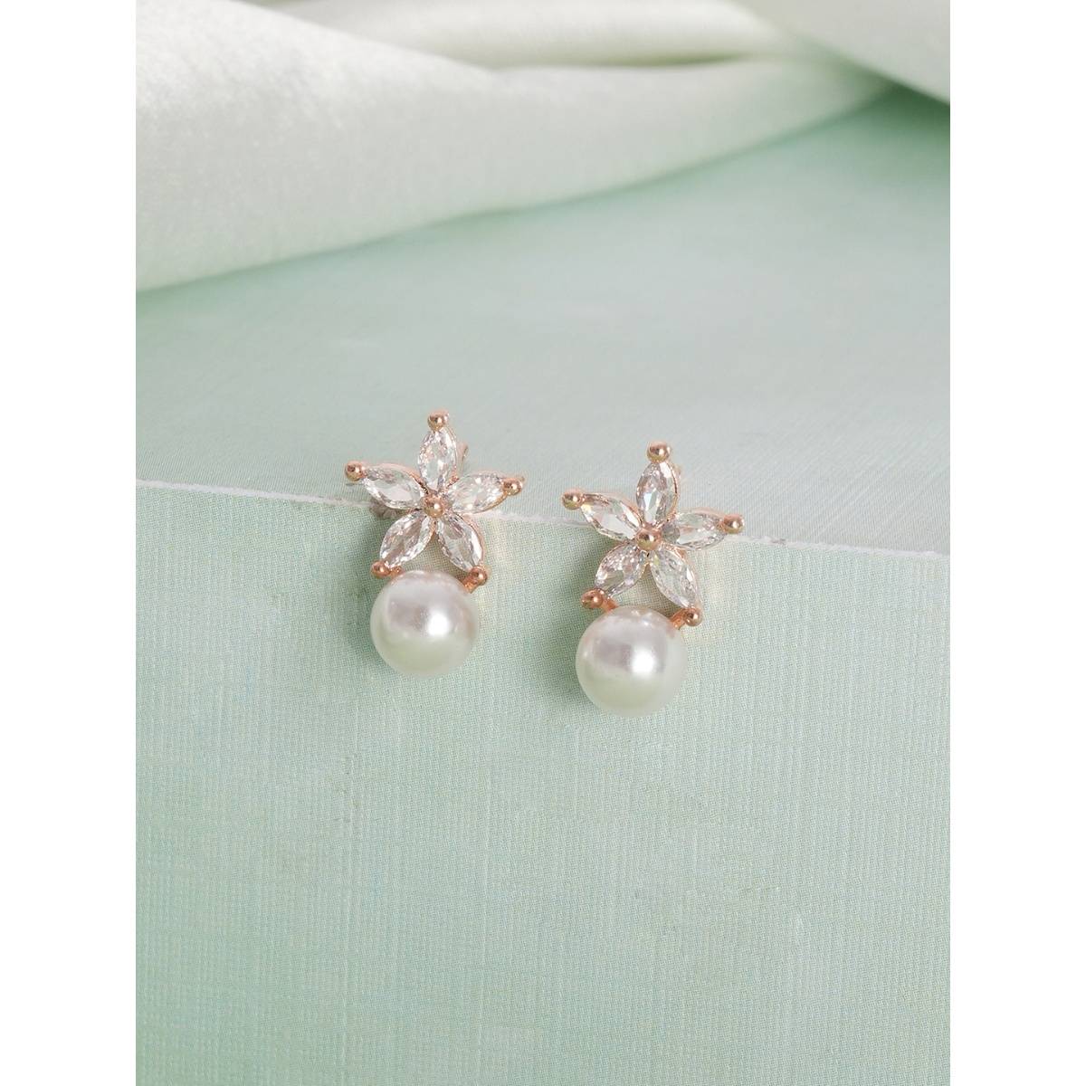 Aatmana Rose Gold-Plated Pearl Studded Floral Stud Earrings