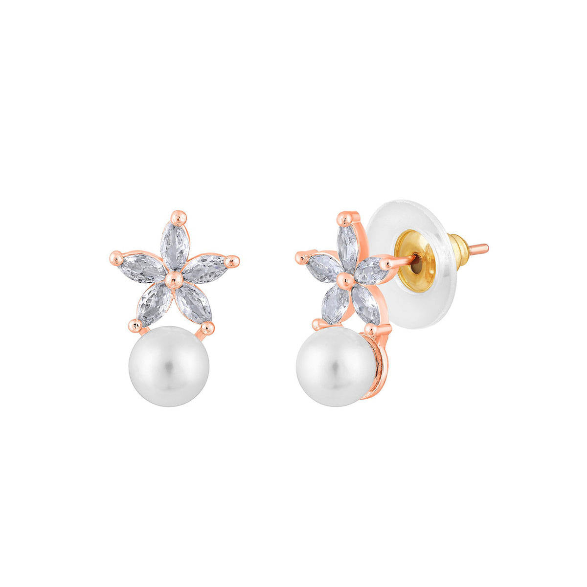 Aatmana Rose Gold-Plated Pearl Studded Floral Stud Earrings