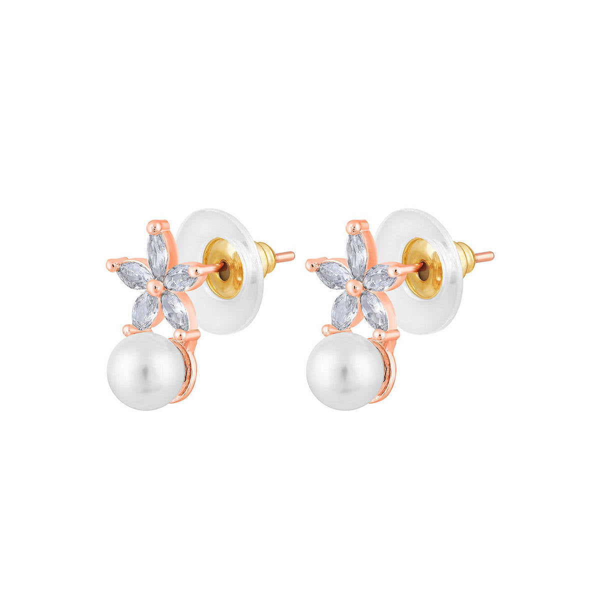 Aatmana Rose Gold-Plated Pearl Studded Floral Stud Earrings