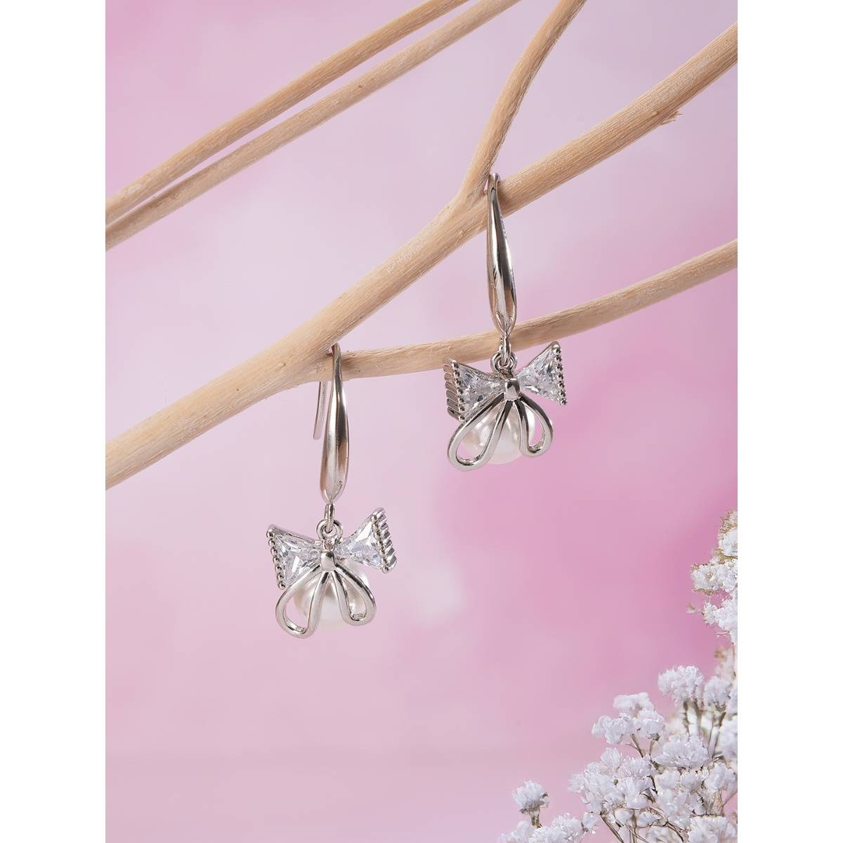 Aatmana Rhodium Plated White Pearl and Crystal Studded Drop Earrings