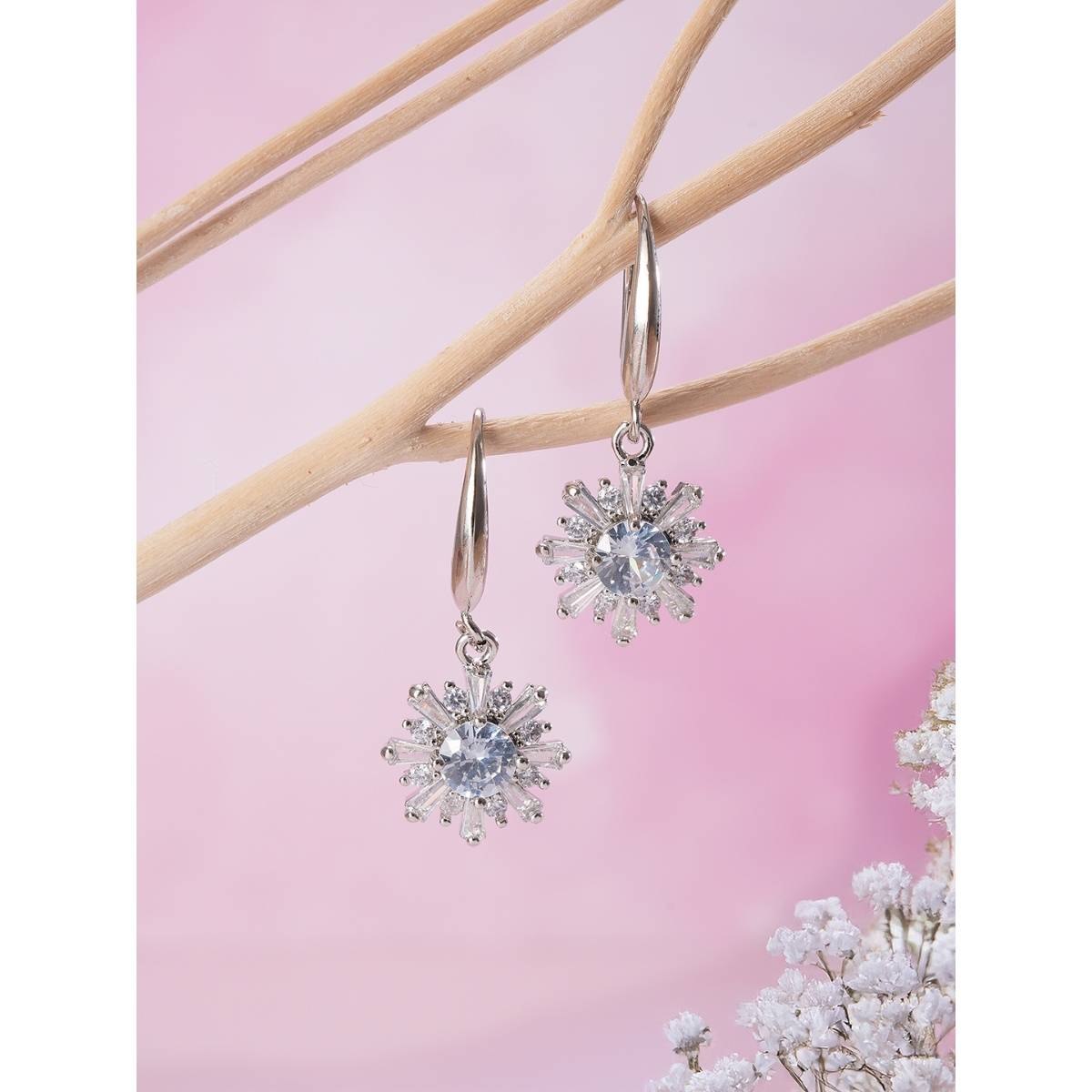 Aatmana Rhodium-Plated and Ad Studded Floral Drop Earrings