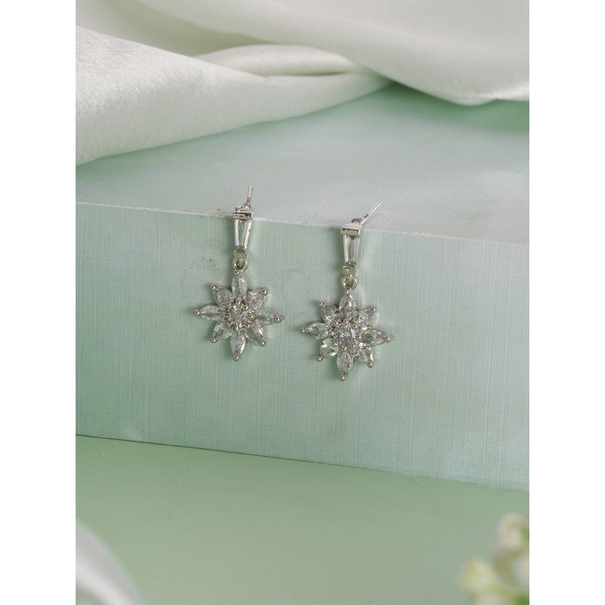Aatmana Rhodium-Plated and Crytals Studded Floral Drop Earrings · One Size