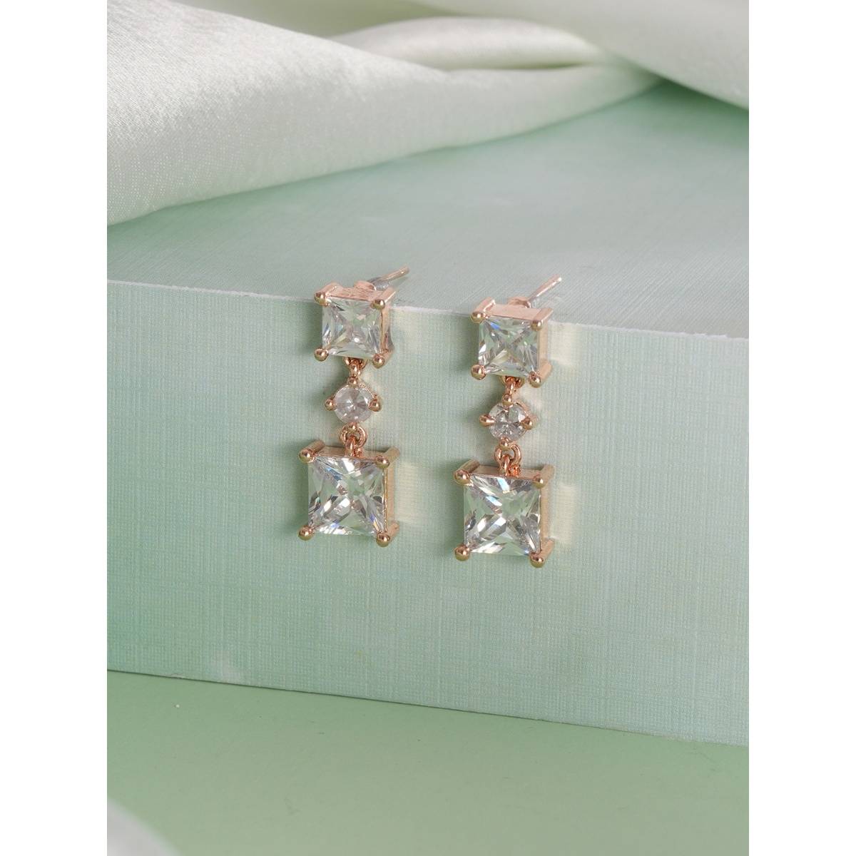 Aatmana Rose Gold Plated and White Crystal Studdd Square Shape Drop Earrings