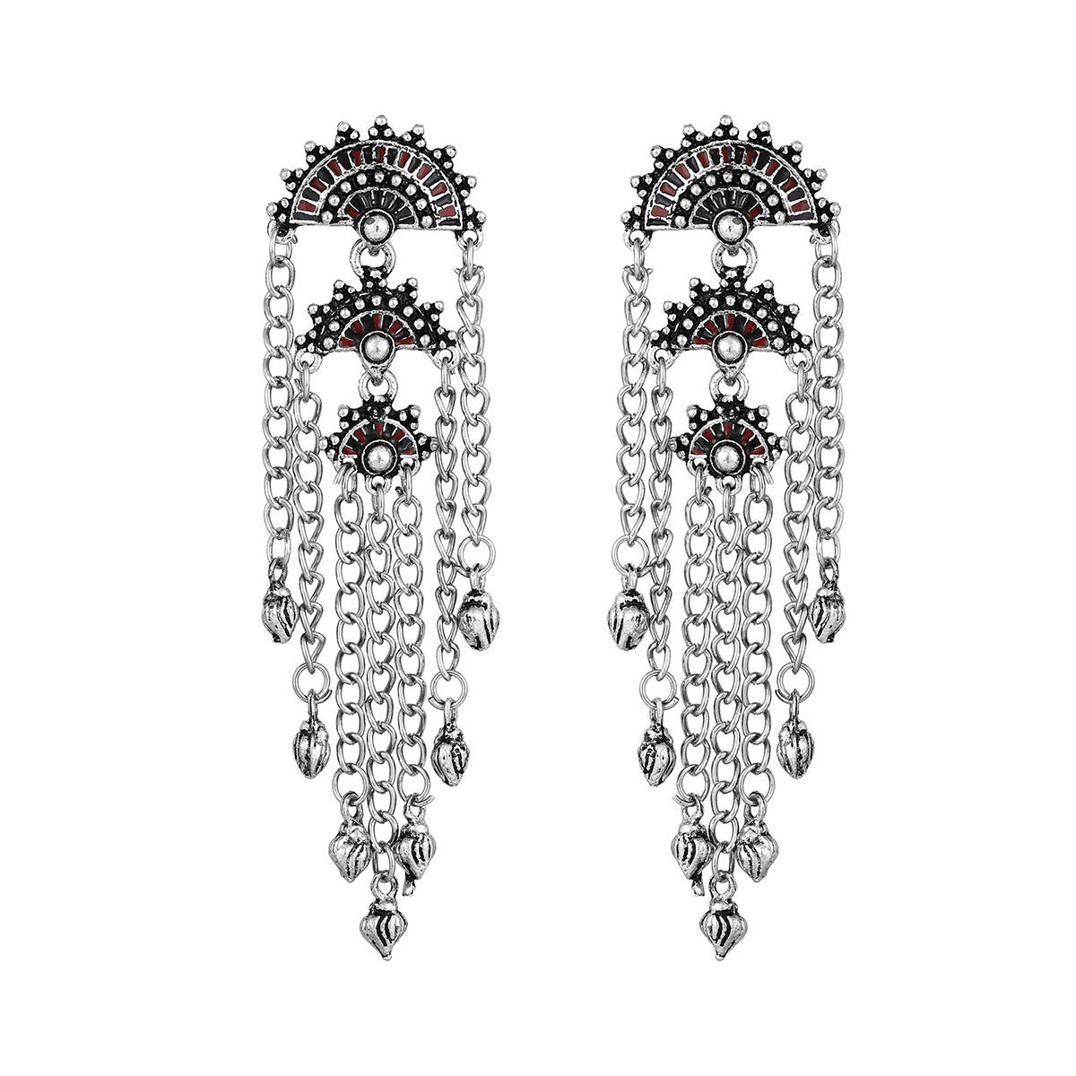 Aatmana Silver-Toned Mandala Brass Tassels Drop Earrings · One Size