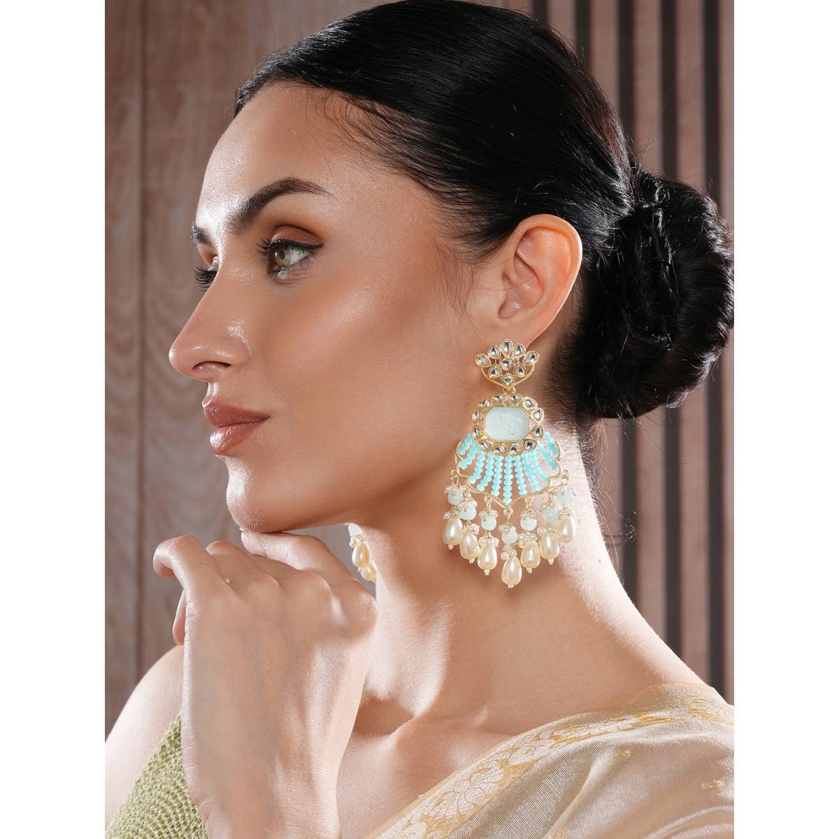 Aatmana Gold Plated Kundan Studded with Aqua Blue and White Bead Earrings