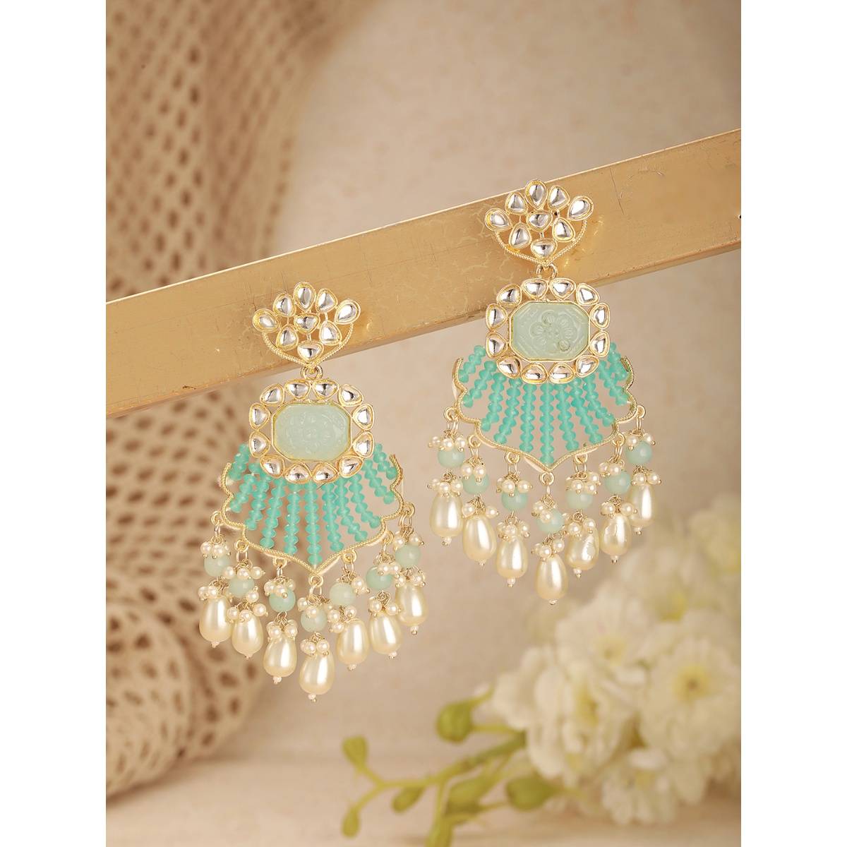 Aatmana Gold Plated Kundan Studded with Aqua Blue and White Bead Earrings