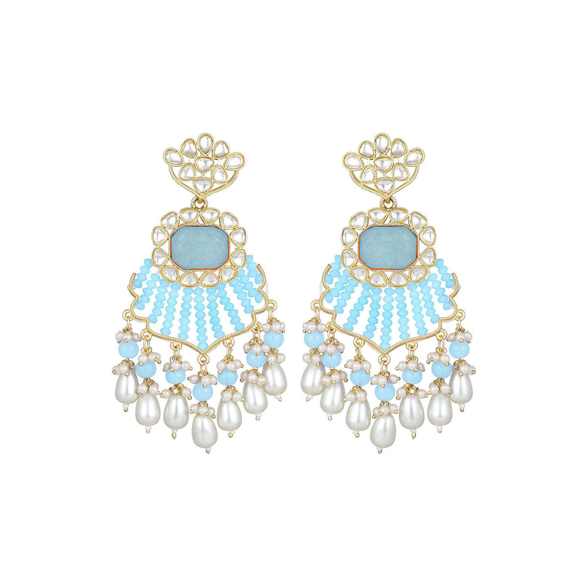 Aatmana Gold Plated Kundan Studded with Aqua Blue and White Bead Earrings