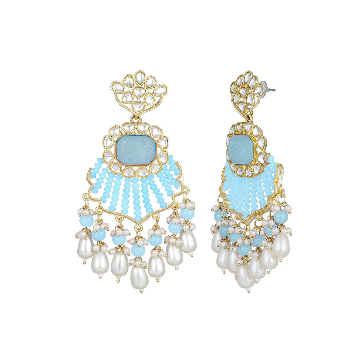 Aatmana Gold Plated Kundan Studded with Aqua Blue and White Bead Earrings