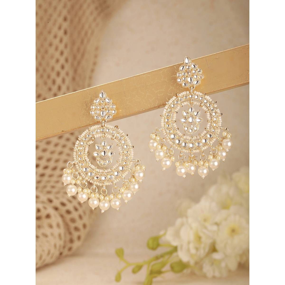 Aatmana Gold-Plated White Kundan and Pearl Studded Crescent Shaped Earrings