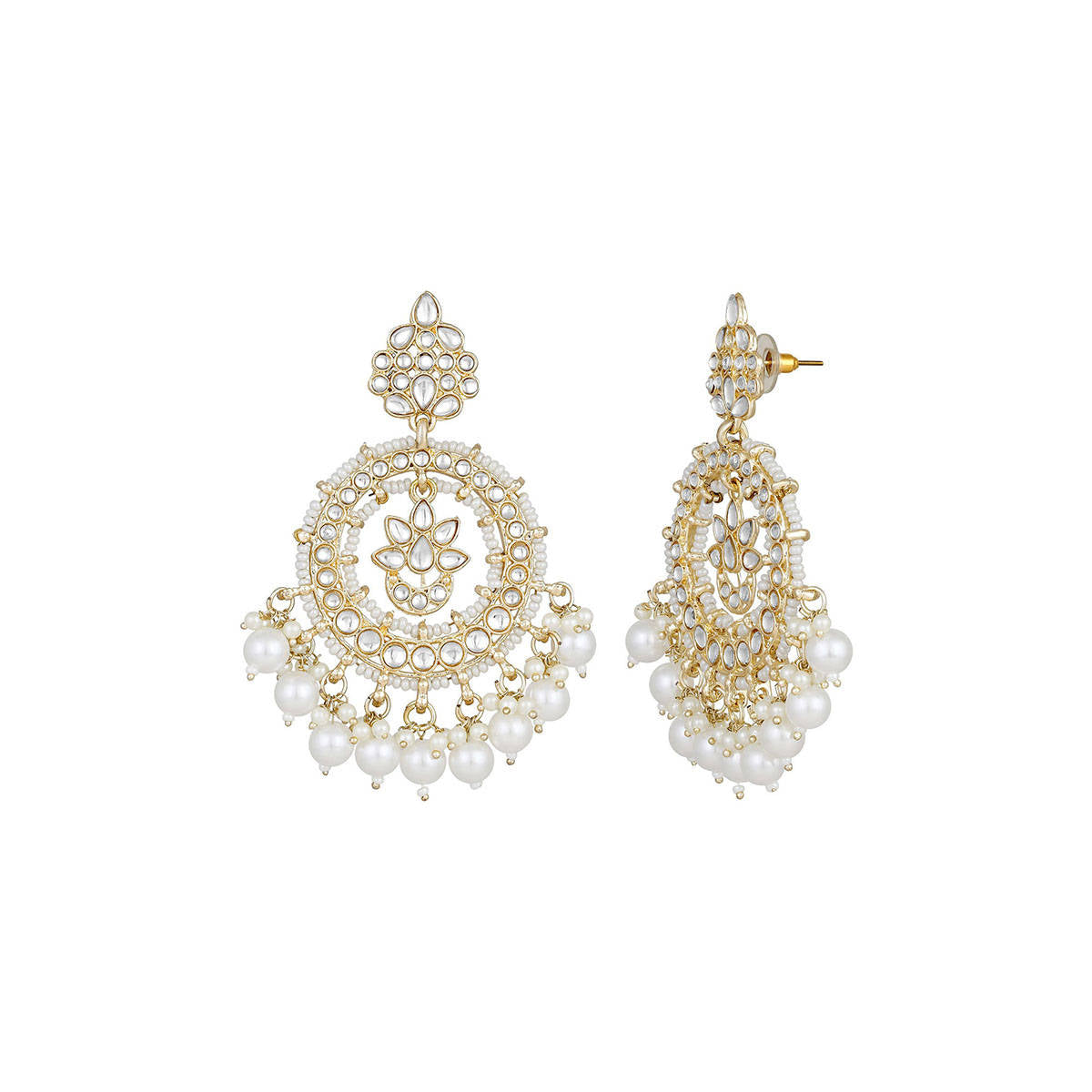 Aatmana Gold-Plated White Kundan and Pearl Studded Crescent Shaped Earrings