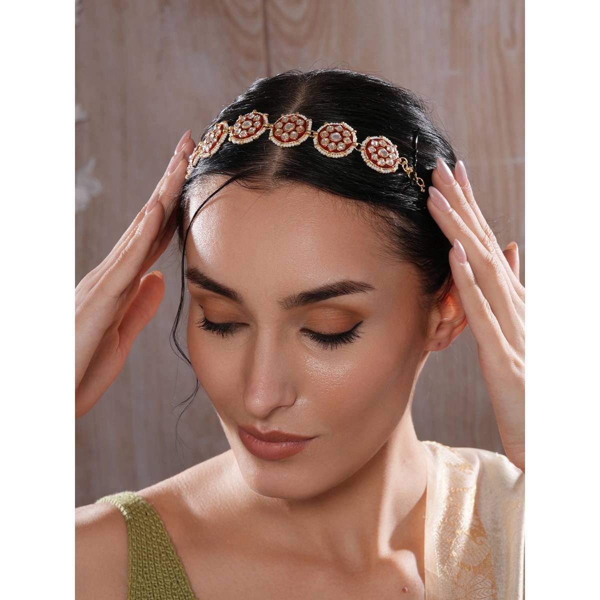 Aatmana Gold-Plated Kundan Studded and Maroon Meenakari Matha Patti · One Size