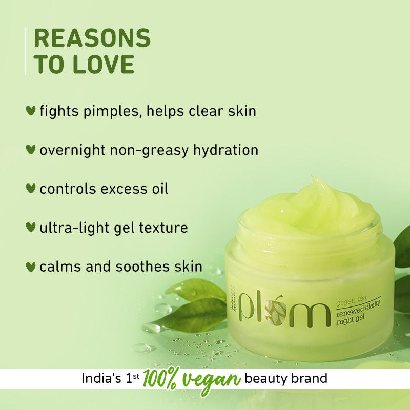 Plum Green Tea Night Gel Cream With Glycolic Acid, Fights Acne For Clear,Oil-Free,YouthfulSkin (50ml)