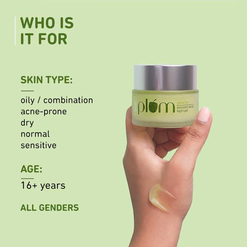 Plum Green Tea Night Gel Cream With Glycolic Acid, Fights Acne For Clear,Oil-Free,YouthfulSkin (50ml)