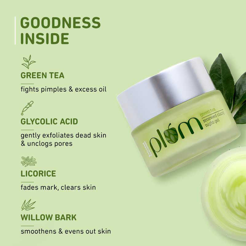 Plum Green Tea Night Gel Cream With Glycolic Acid, Fights Acne For Clear,Oil-Free,YouthfulSkin (50ml)