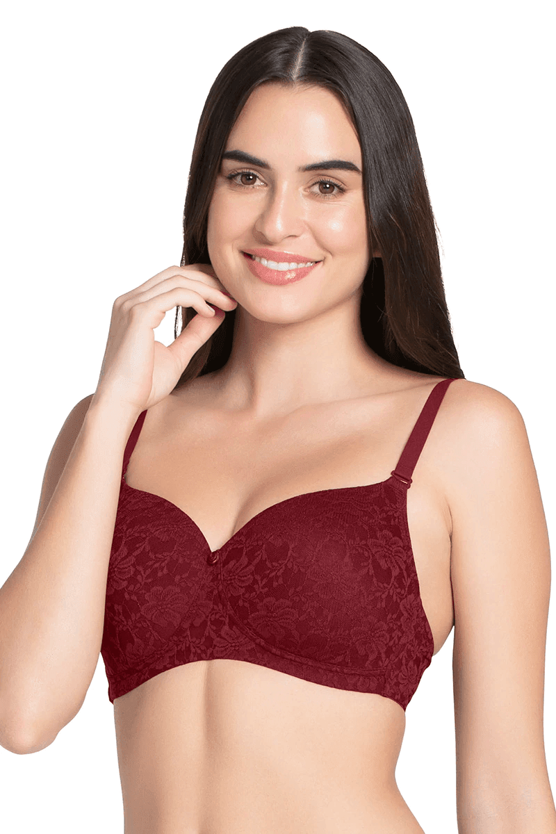 AMANTE - Floral Romance Padded Non - wired Lace Bra (COLOR - BURGUNDY WINE - 01N) - BRA10306 - BEAUTY BRATS