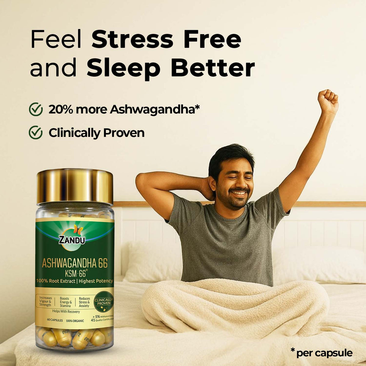 Zandu-O Best Stress & Cortisol Control, Better Sleep with Ashwagandha KSM-66 60 N Caps