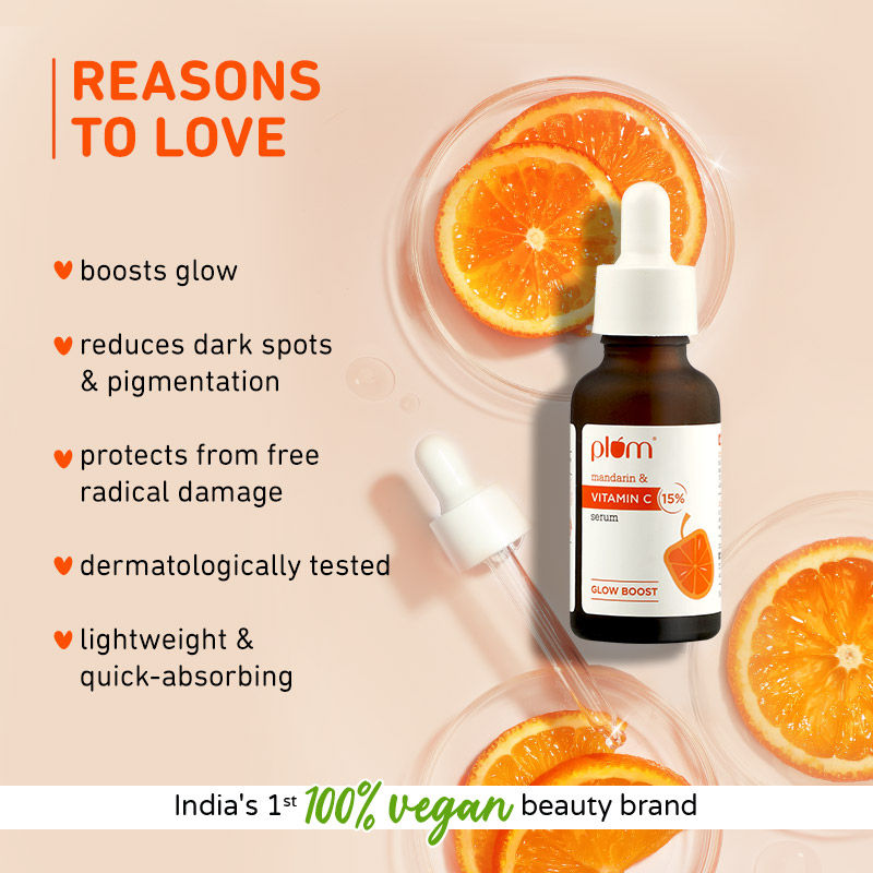 Plum Mandarin & 15% Vitamin C Glow Face Serum Dermat Tested To Fight Dark Spots & Dull Skin (30ml)