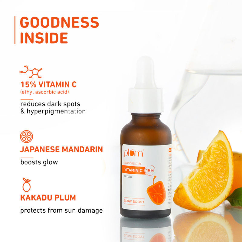 Plum Mandarin & 15% Vitamin C Glow Face Serum Dermat Tested To Fight Dark Spots & Dull Skin (30ml)