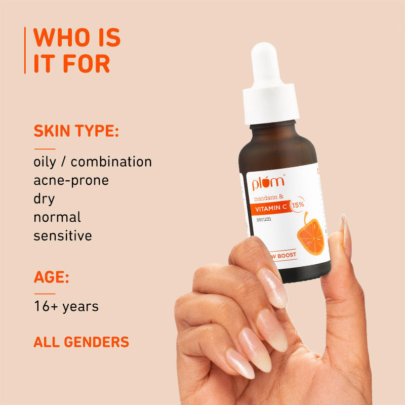 Plum Mandarin & 15% Vitamin C Glow Face Serum Dermat Tested To Fight Dark Spots & Dull Skin (30ml)
