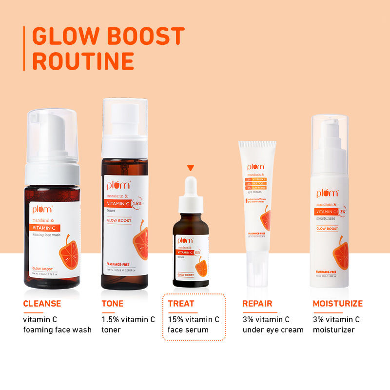 Plum Mandarin & 15% Vitamin C Glow Face Serum Dermat Tested To Fight Dark Spots & Dull Skin (30ml)