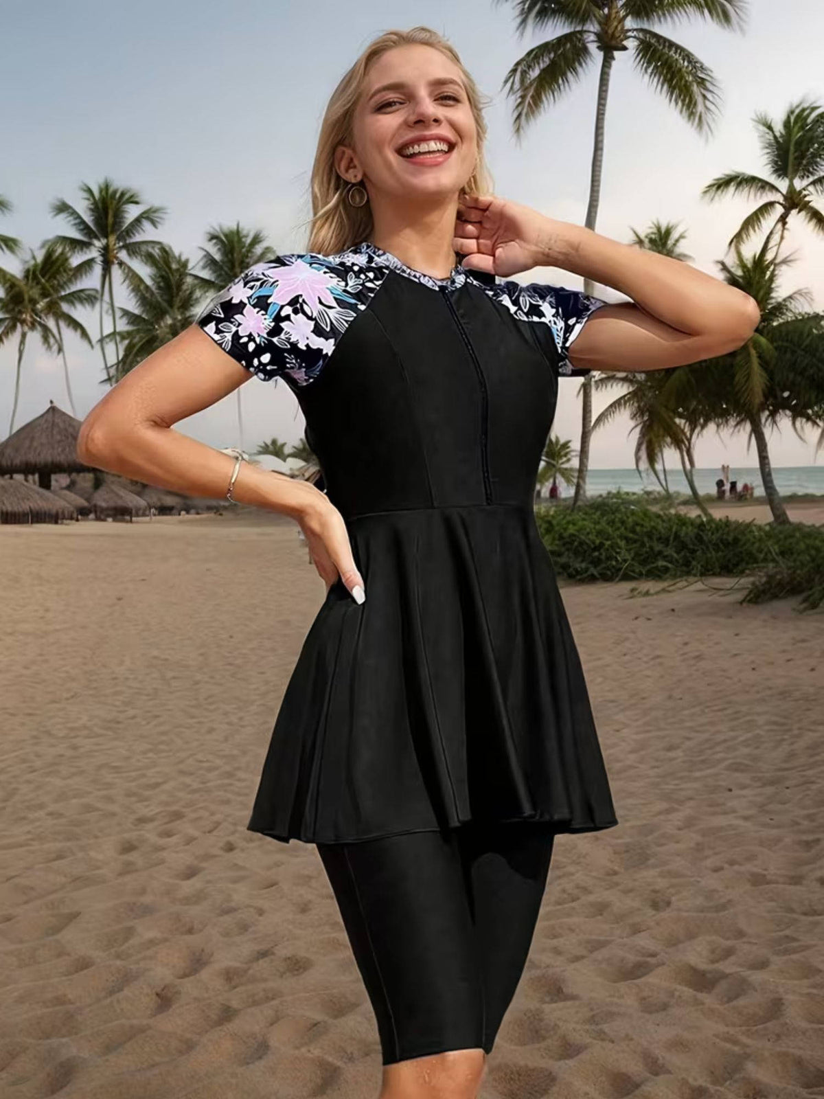 Addery Floral Sleeve Modest Swim Top With Short (S) · S