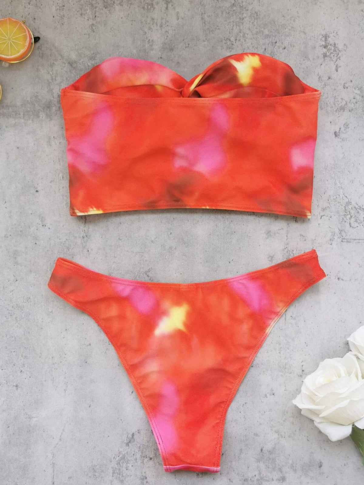 Addery Tropical Sunset Tie-Dye Bikini Top With Panty & Sarong (M) · M