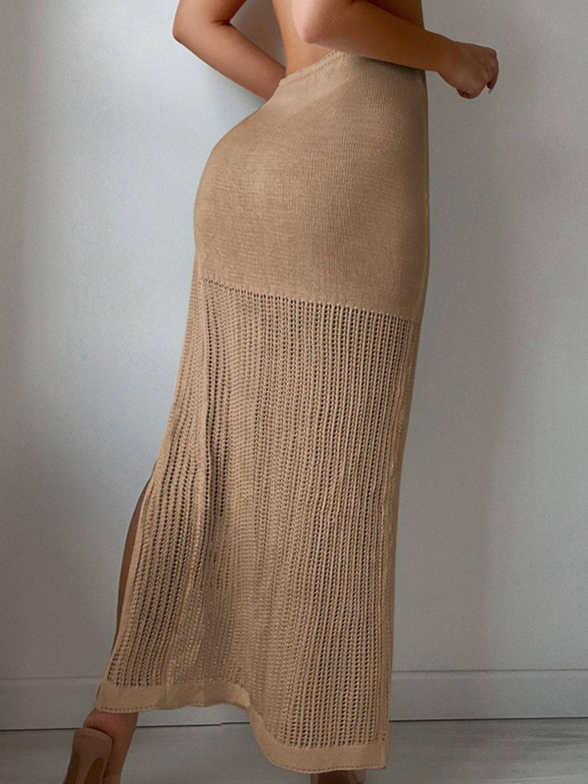 Addery Brown Sheer Knit With High Slit Maxi Skirt (M) · M