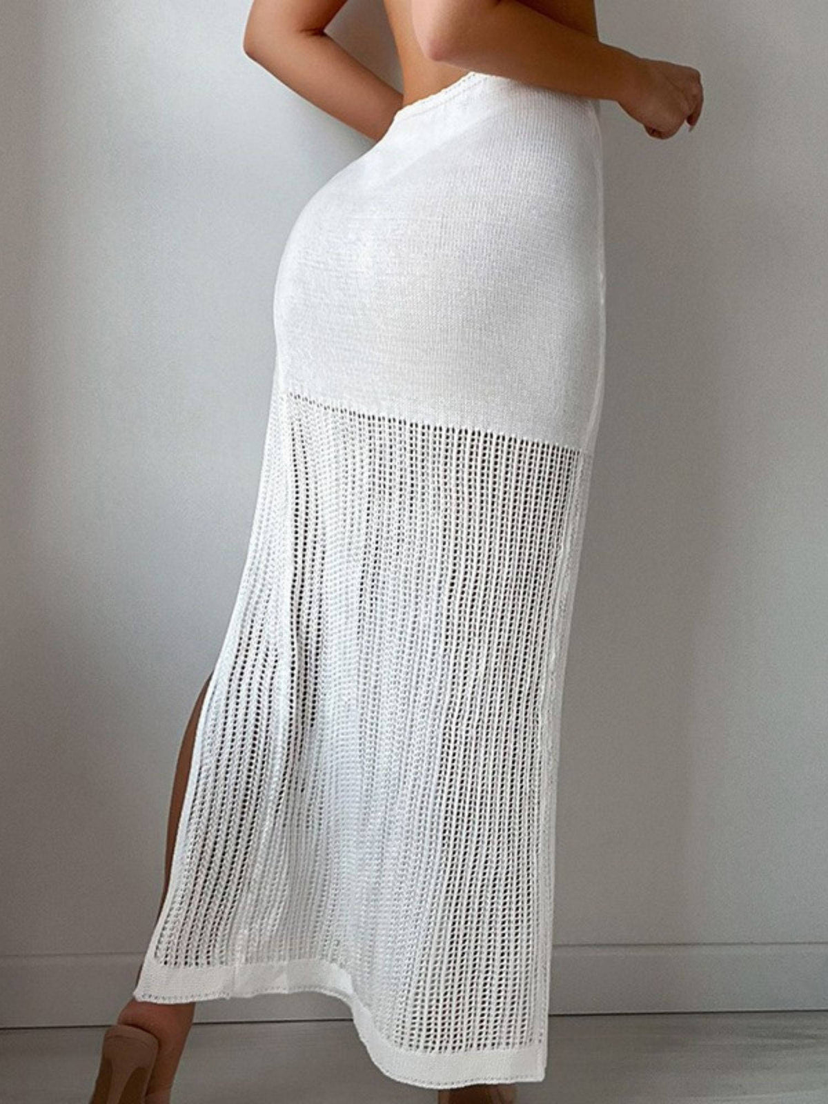 Addery White Sheer Knit With High Slit Maxi Skirt (S) · S