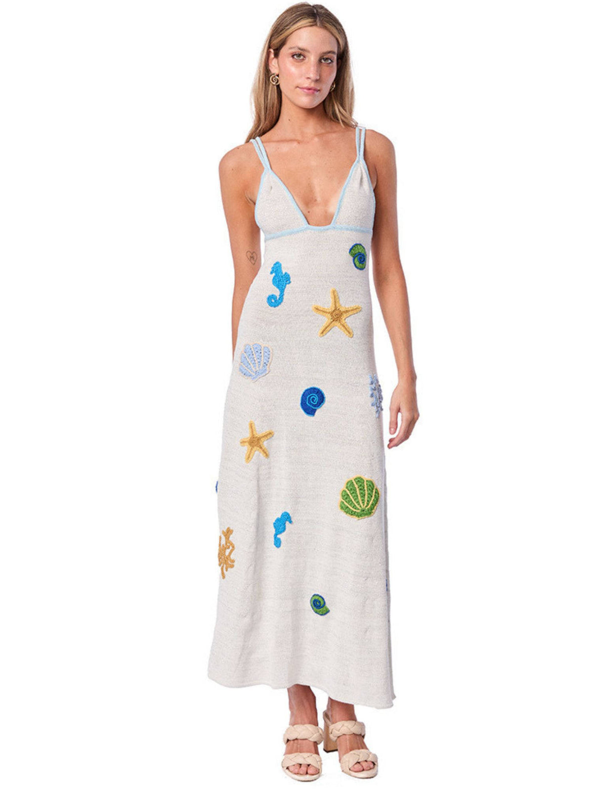 Addery Seashell Embroidered White Cover-Up Maxi Dress (L) · L