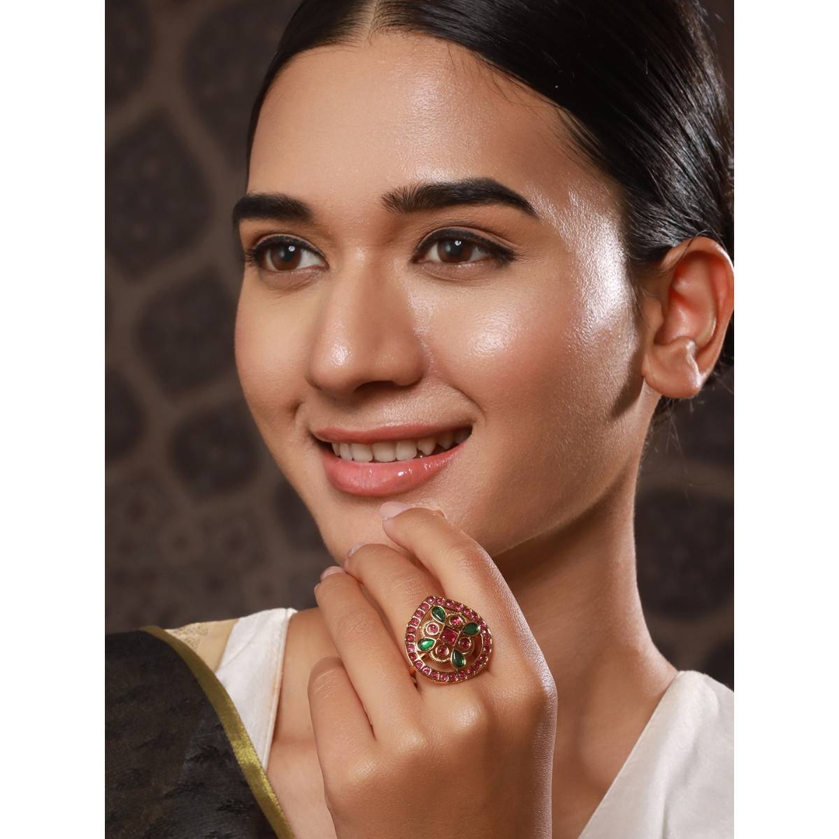 Aatmana Gold-Plated Green and Maroon Stone-Studded Adjustable Temple Finger Ring